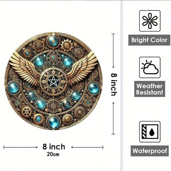 8×8 Inch Golden Metal Wall Art, Vintage Steampunk Design with Glowing Blue Orbs - Picture 2 of 2